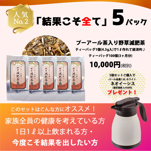 【5袋まとめ買い】プーアール茶入野草減肥茶　(4.5g×20p)×5パック【テーブルポットプレゼント中!】